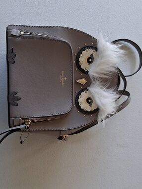 kate spade Gray Owl Mini Backpack with White Fur Accents
